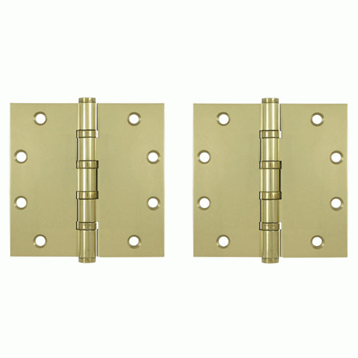 5 Inch X 5 Inch Solid Brass Four Ball Bearing Square Hinge (Unlacquered Brass Finish) DELTANA