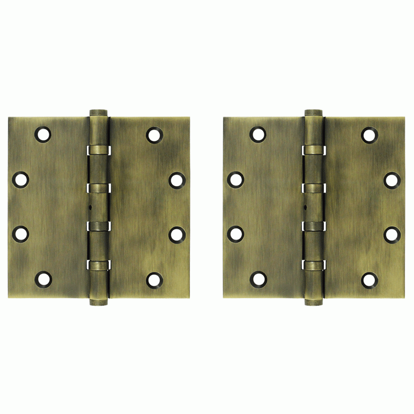 5 Inch X 5 Inch Solid Brass Non-Removable Pin Square Hinge (Antique Brass Finish) DELTANA