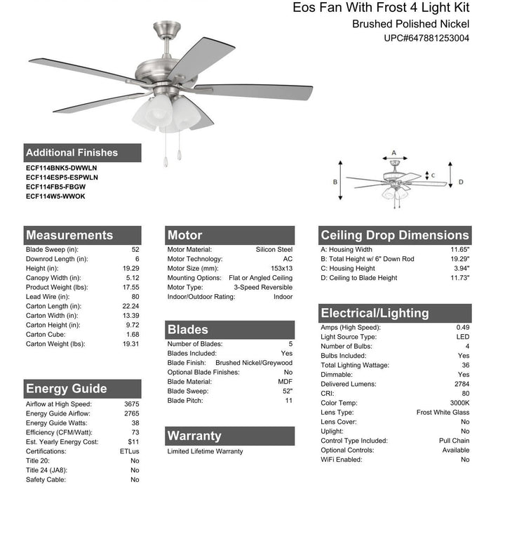 CRAFTMADE 52" Eos Frost 4 Light in Brushed Polished Nickel w/ Brushed Nickel/Greywood Blades