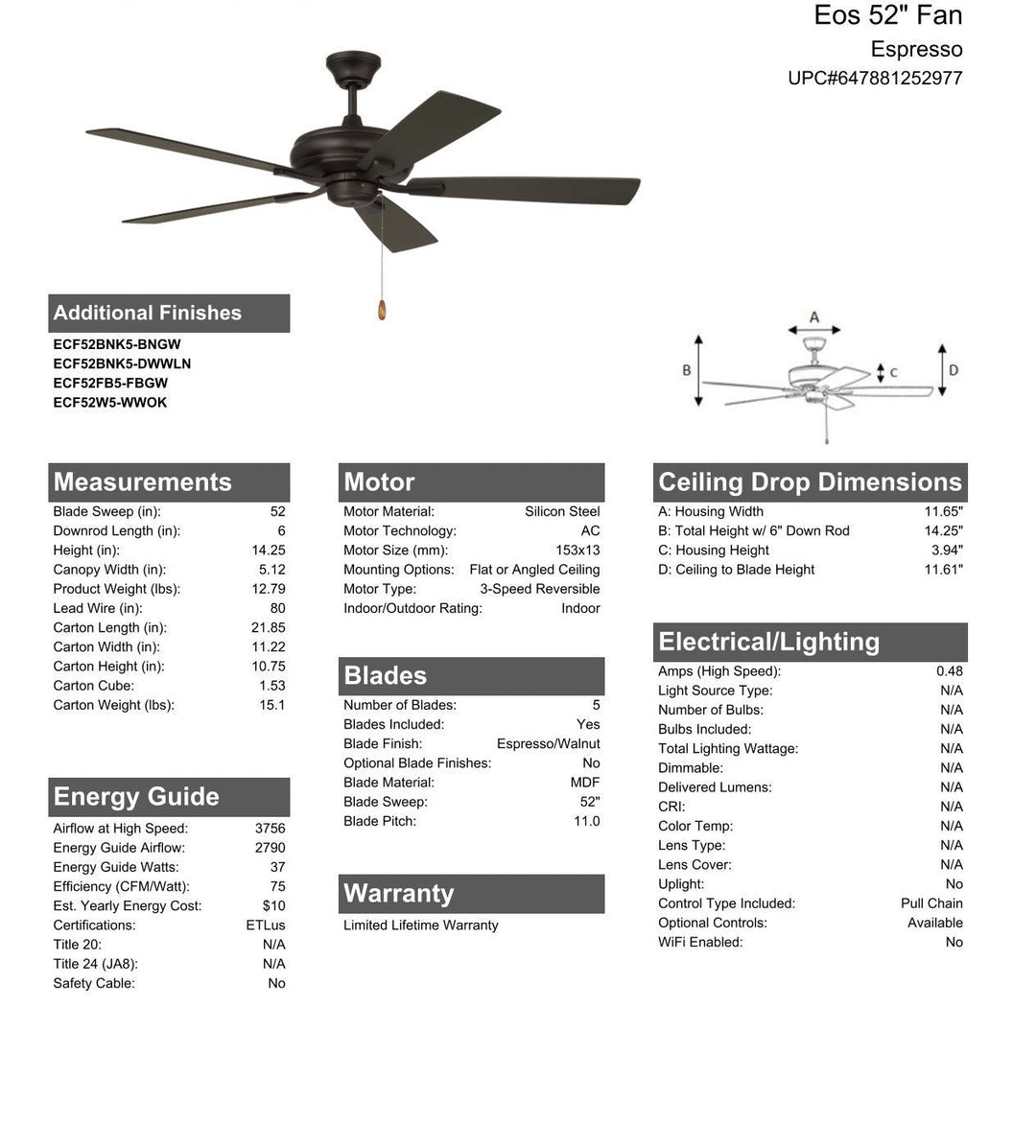 ##Antique Hardware## 52" Eos in Espresso w/ Espresso/Walnut Blades