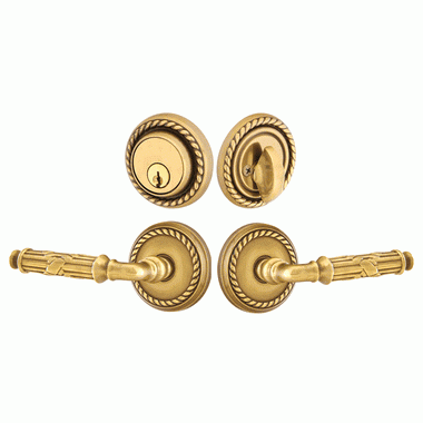 EMTEK Emtek Solid Brass Ribbon & Reed Door Lever Deadbolt with Georgian Rope Rosette (Antique Brass Finish)