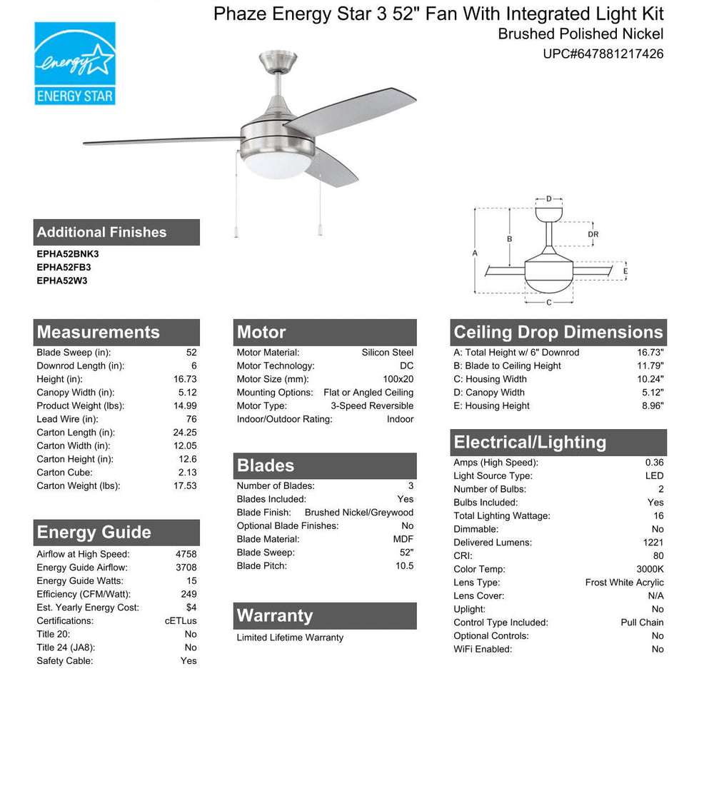 CRAFTMADE 52" Phaze Energy Star 3 in Brushed Polished Nickel w/ Brushed Nickel/Greywood Blades