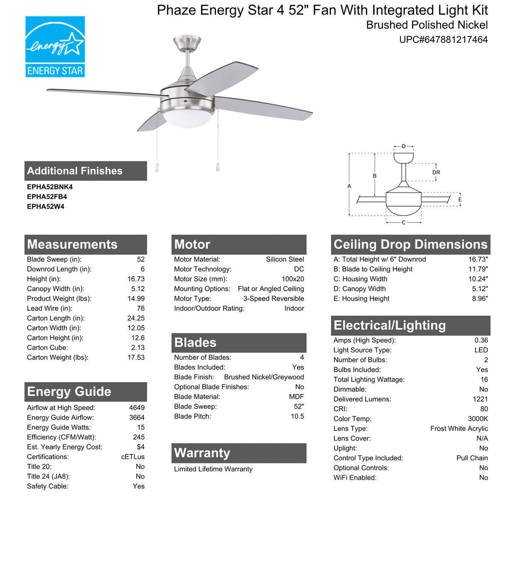 CRAFTMADE 52" Phaze Energy Star 4 in Brushed Polished Nickel w/ Brushed Nickel/Greywood Blades