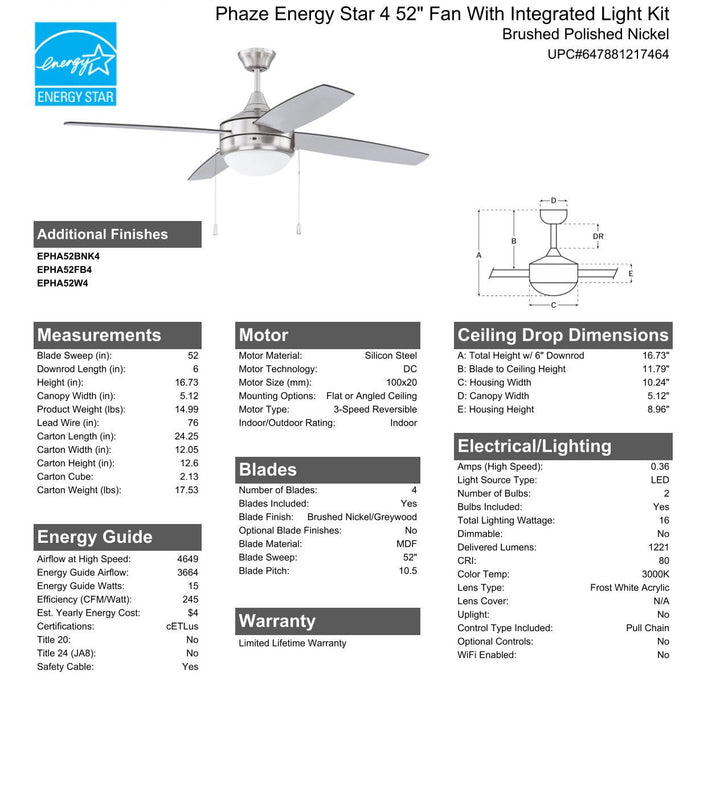 CRAFTMADE 52" Phaze Energy Star 4 in Brushed Polished Nickel w/ Brushed Nickel/Greywood Blades