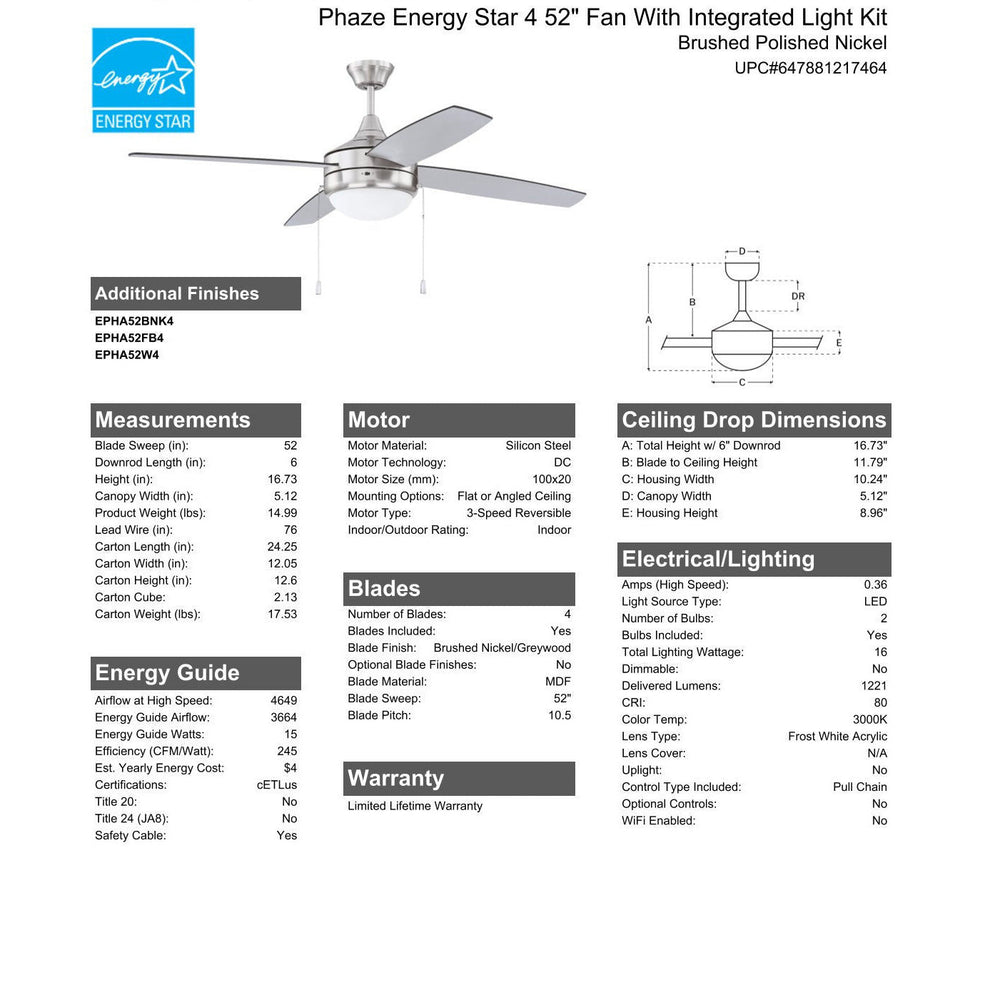 52" Phaze Energy Star 4 in Brushed Polished Nickel w/ Brushed Nickel/Greywood Blades CRAFTMADE