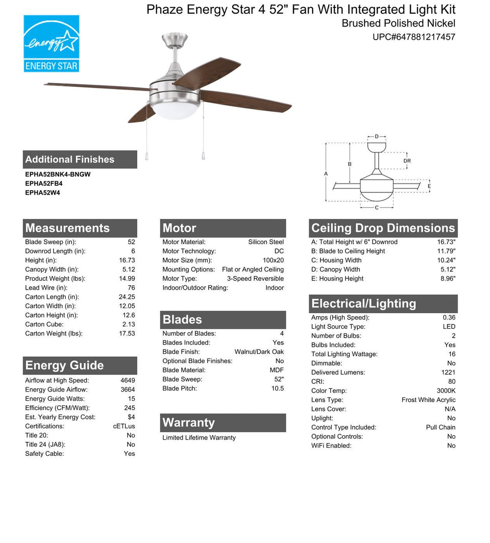 CRAFTMADE 52" Phaze Energy Star 4 in Brushed Polished Nickel w/ Walnut/Dark Oak Blades