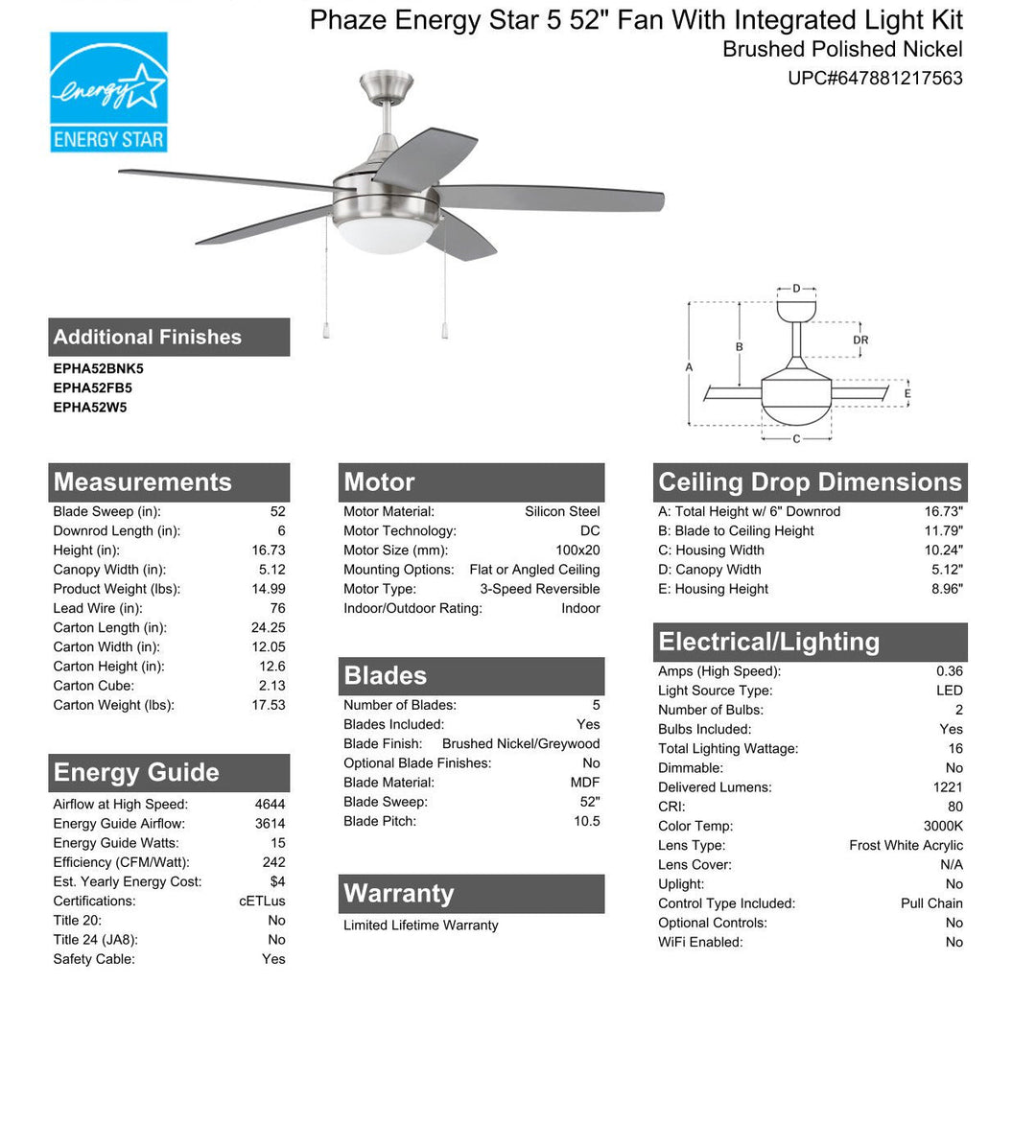 CRAFTMADE 52" Phaze Energy Star 5 in Brushed Polished Nickel w/ Brushed Nickel/Greywood Blades