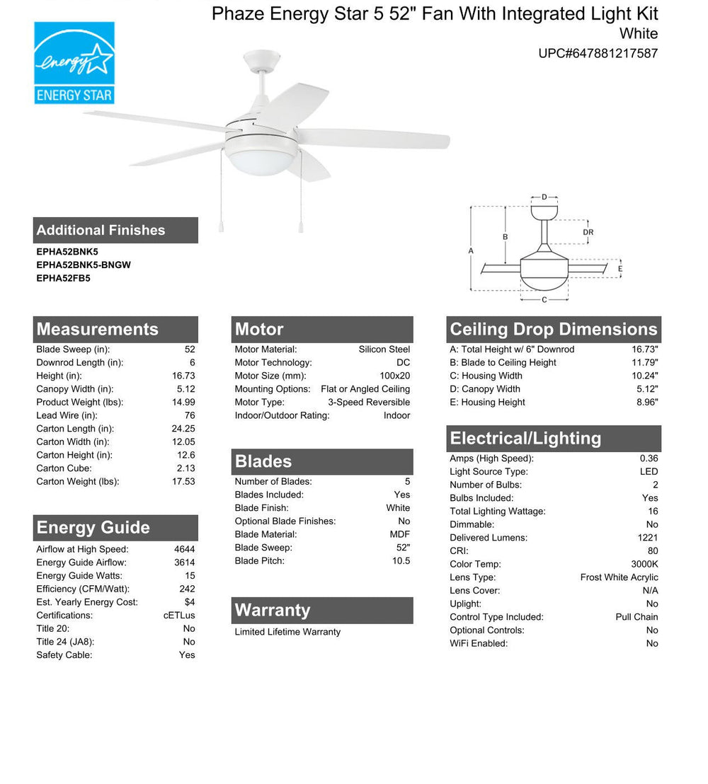 CRAFTMADE 52" Phaze Energy Star 5 in White w/ White Blades