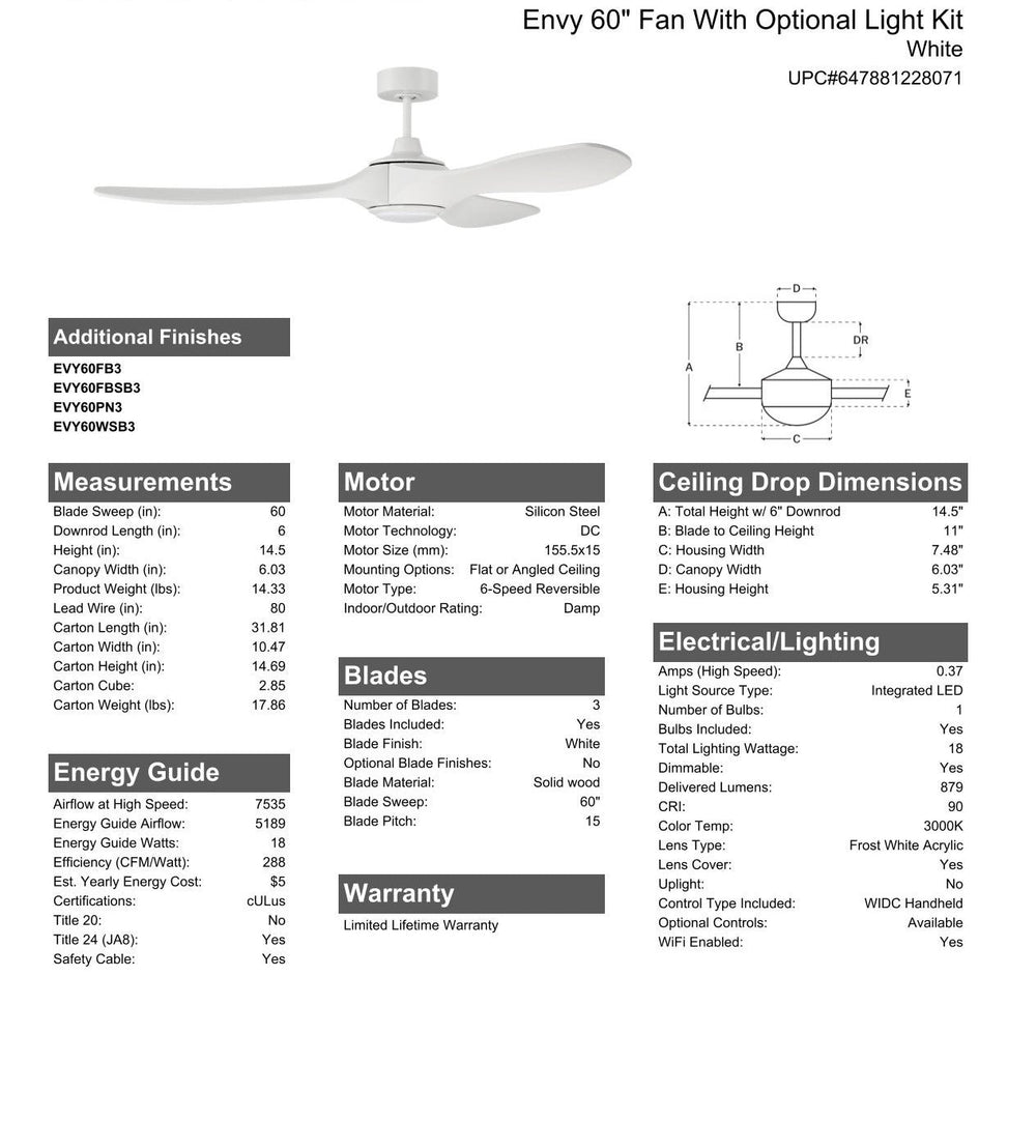 CRAFTMADE 60" Envy in White w/ White Blades