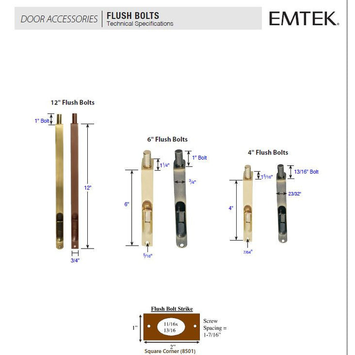 EMTEK Solid Brass Mortised Flush Bolt (Polished Chrome Finish)