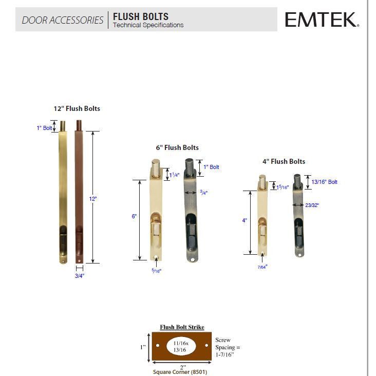 EMTEK Solid Brass Mortised Flush Bolt (Polished Brass Finish)