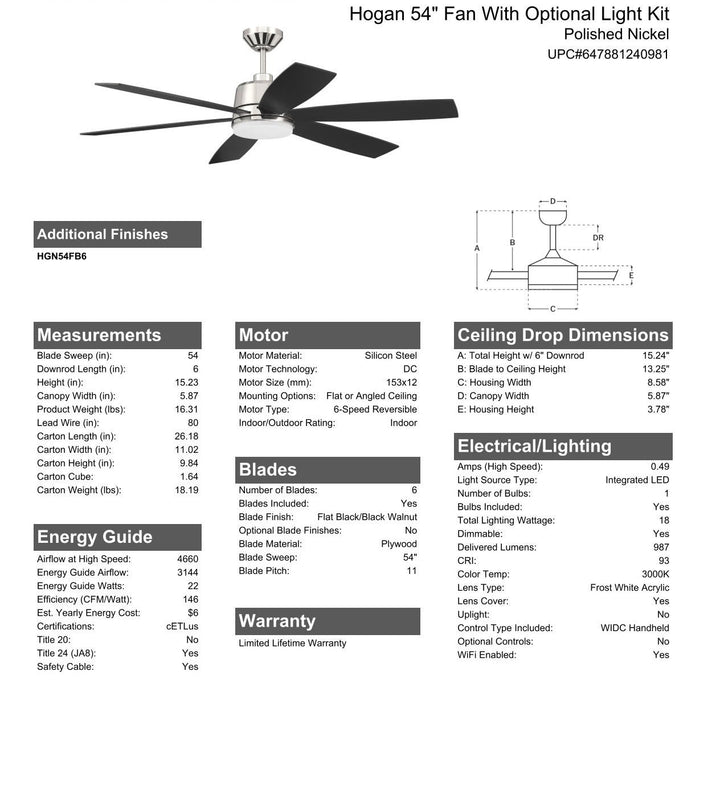 CRAFTMADE 54" Hogan Fan in Polished Nickel Finish, Blades Included