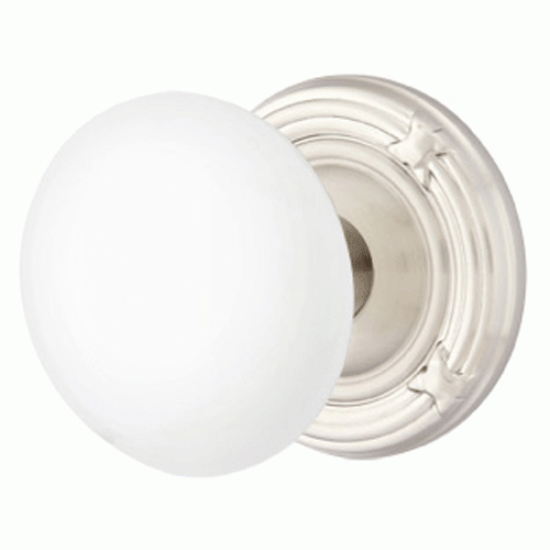 EMTEK Ice White Porcelain Door Knob Set With Ribbon & Reed Rosette