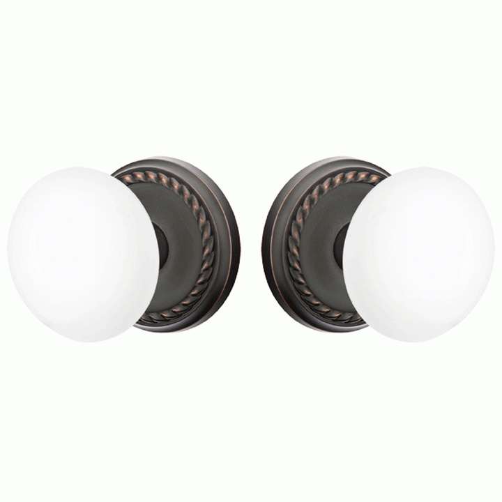 EMTEK Ice White Porcelain Door Knob Set With Rope Rosette