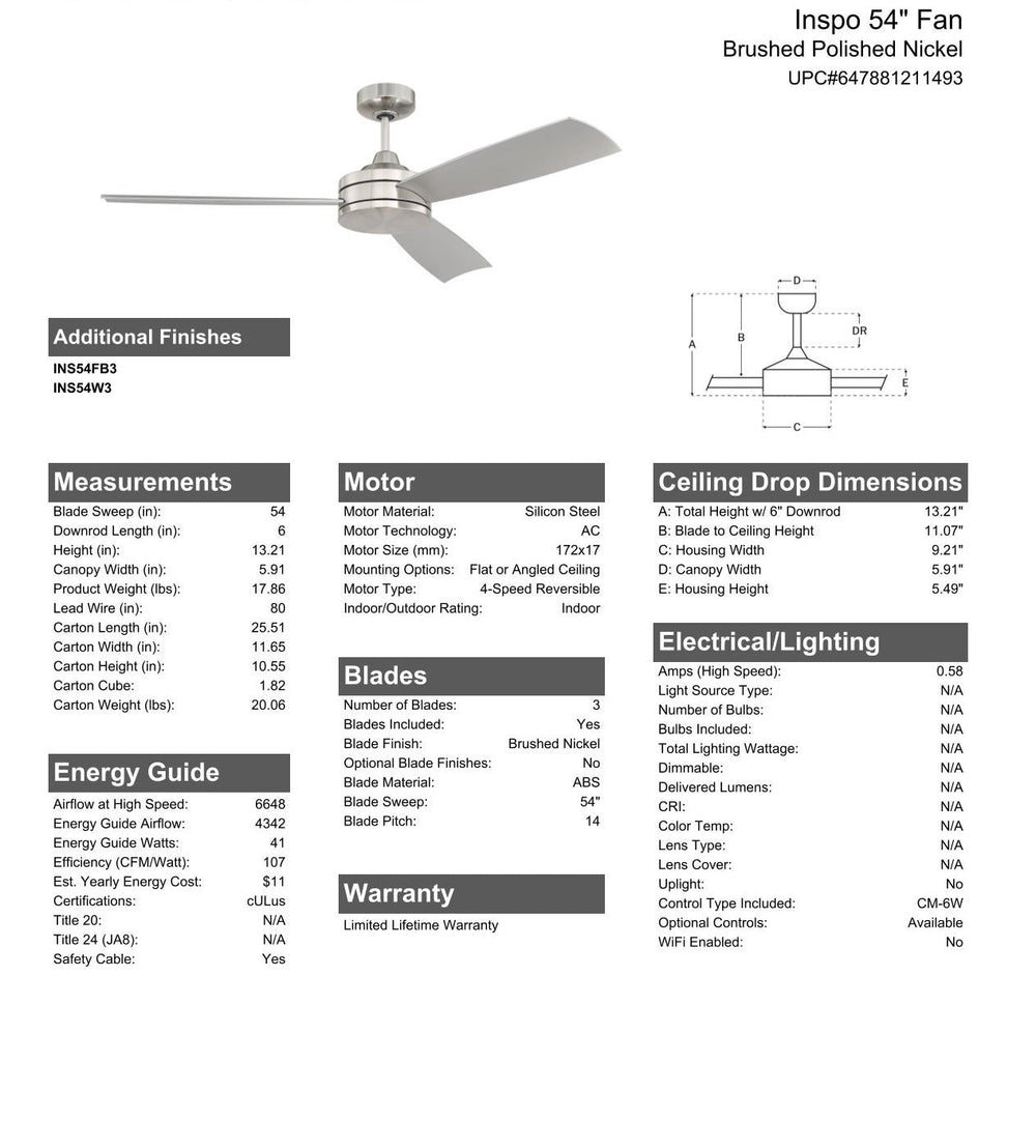 CRAFTMADE 54" Inspo in Brushed Polished Nickel w/ Brushed Nickel Blades