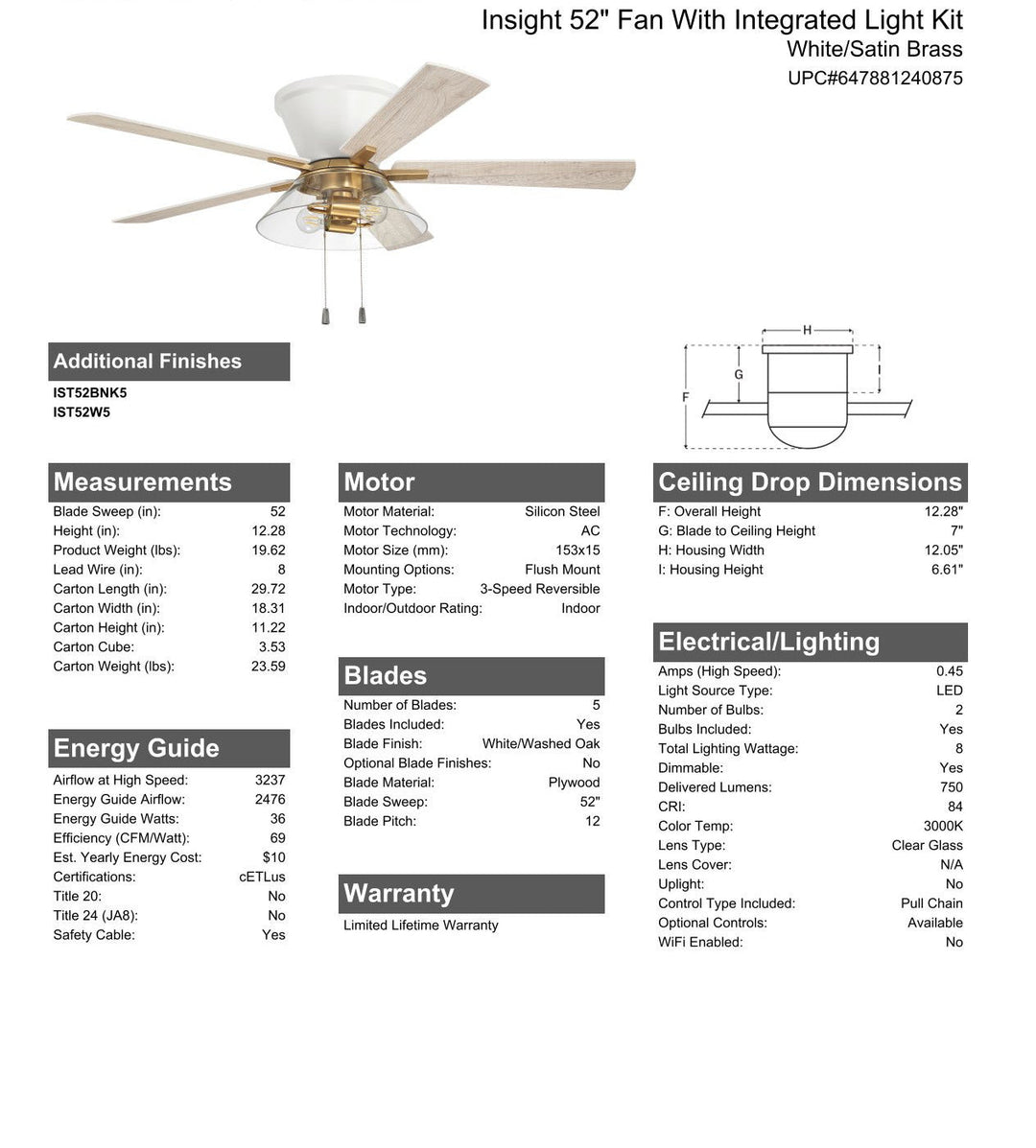 CRAFTMADE 52" Insight White/SB Finish, White/Washed Oak Blades, Integrated Light kit Included