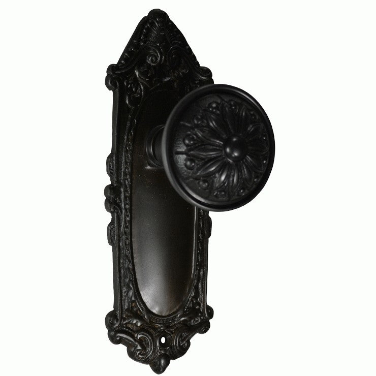 Round Solid Brass Doorknob with Ornate Victorian Backplate (Several Finishes Available)