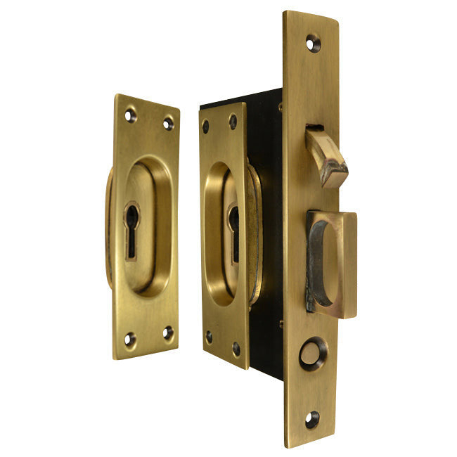 COPPER MOUNTAIN HARDWARE New Traditional Square Pattern Single Pocket Privacy (Lock) Style Door Set (Antique Brass)