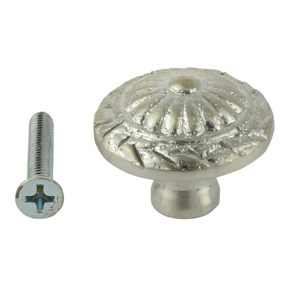 COPPER MOUNTAIN HARDWARE 1 1/10 Inch Ornate Round Solid Brass Knob (Brushed Nickel Finish)