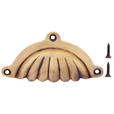 COPPER MOUNTAIN HARDWARE 4 Inch Overall (3 1/2 Inch c-c) Solid Brass Scalloped Style Cup Pull (Antique Brass Finish)