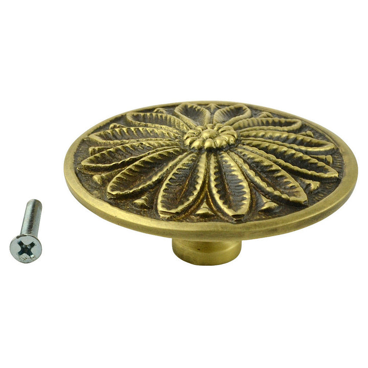 COPPER MOUNTAIN HARDWARE 2 3/5 Inch Solid Brass Floral Leaf Cabinet Knob (Antique Brass Finish)