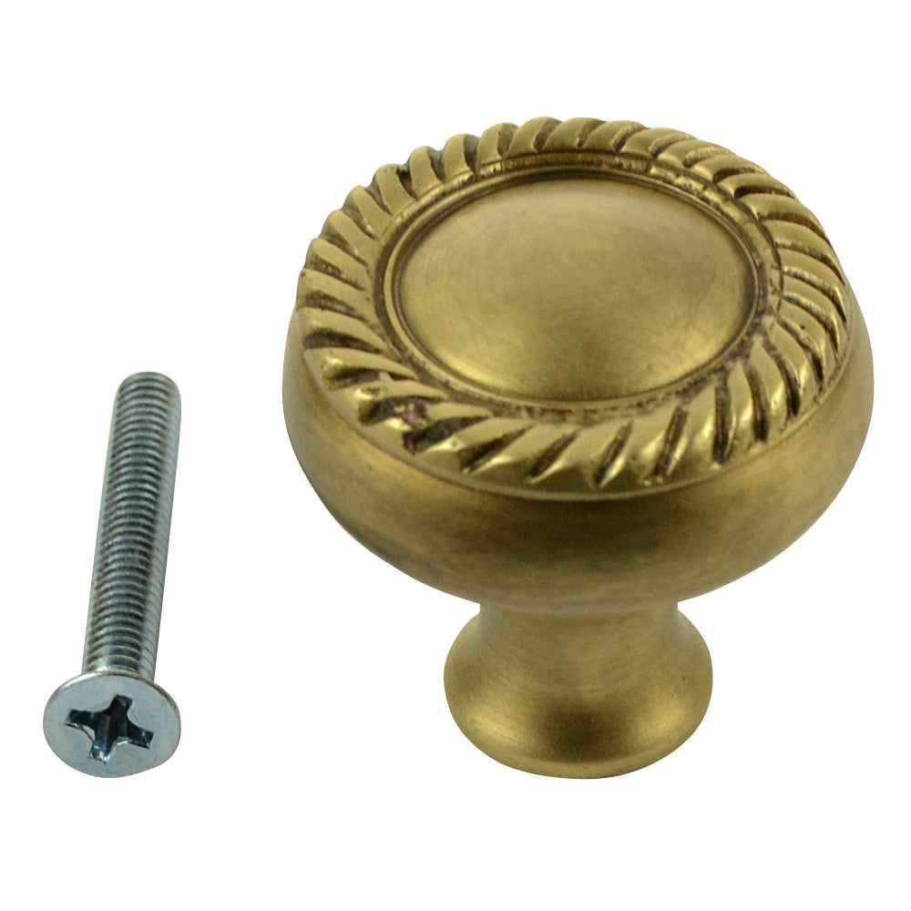 COPPER MOUNTAIN HARDWARE 1 1/4 Inch Solid Brass Round Georgian Roped Border Knob (Antique Brass Finish)