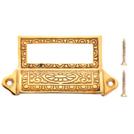 4 1/8 Inch Overall (3 1/2 Inch c-c) Solid Brass Victorian Label Style Bin Pull (Polished Brass Finish) COPPER MOUNTAIN HARDWARE