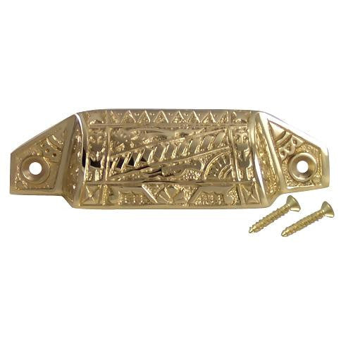 4 1/8 Inch Overall (3 1/2 Inch c-c) Solid Brass Eastlake Bin or Cup Pull (Polished Brass Finish) COPPER MOUNTAIN HARDWARE