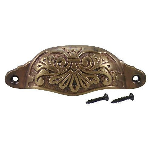 COPPER MOUNTAIN HARDWARE 4 3/8 Inch Overall (3 3/4 Inch c-c) Solid Brass Ornate Victorian Scroll Cup or Bin Pull (Antique Brass Finish)