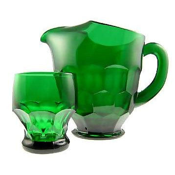 54 Ounce Emerald Green Glass Pitcher & Four Tumblers - Georgia Pattern Copper Mountain Hardware