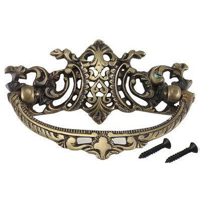 COPPER MOUNTAIN HARDWARE 4 Inch Solid Brass Ornate Baroque / Rococo Bail Pull (Antique Brass Finish)