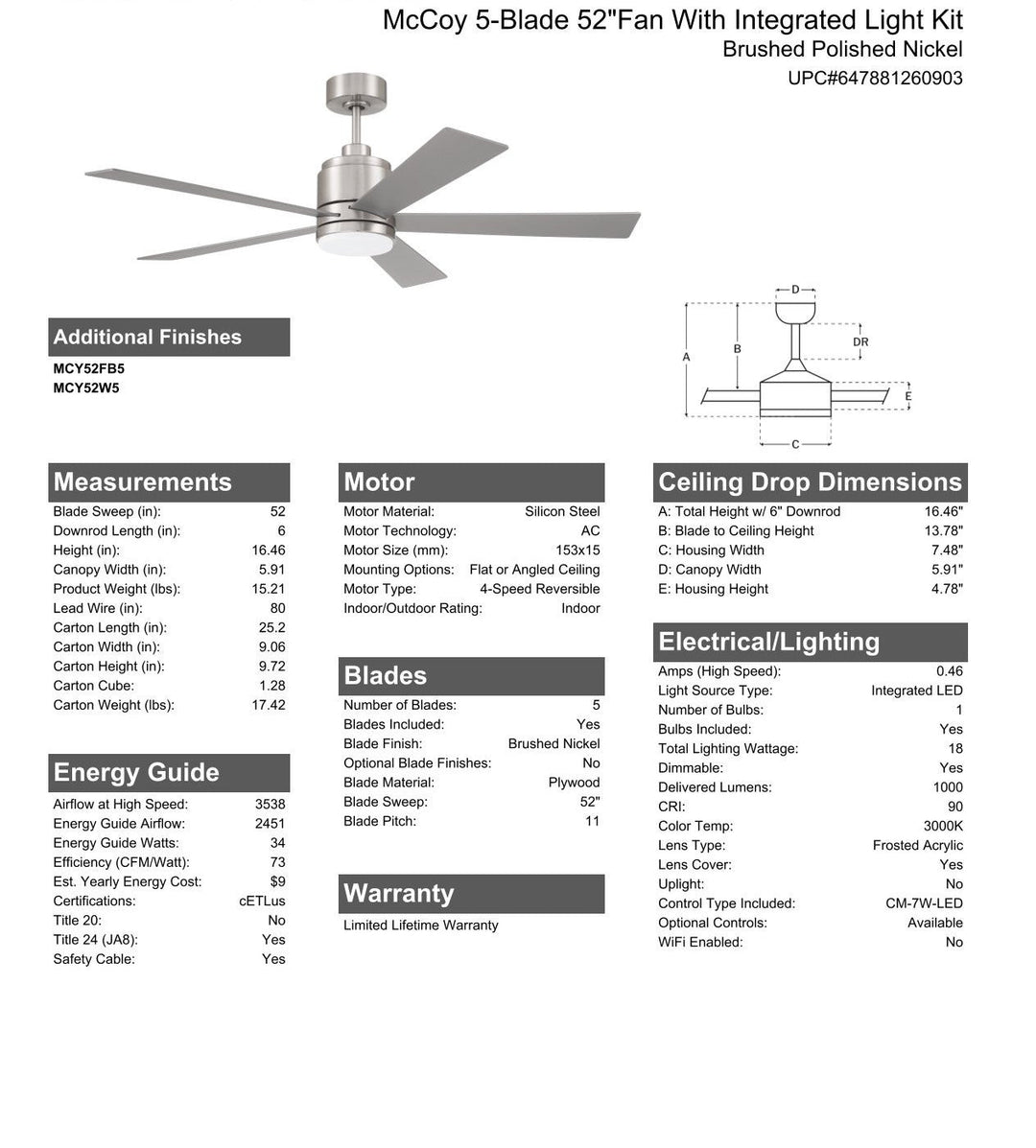 CRAFTMADE 52" McCoy 5-Blade in Brushed Polished Nickel w/ Brushed Nickel Blades