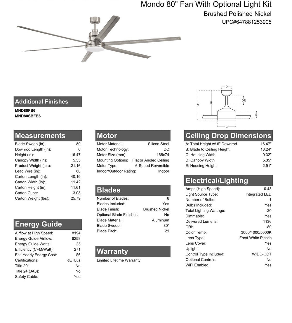 CRAFTMADE 80" Mondo in Brushed Polished Nickel w/ Brushed Nickel Blades