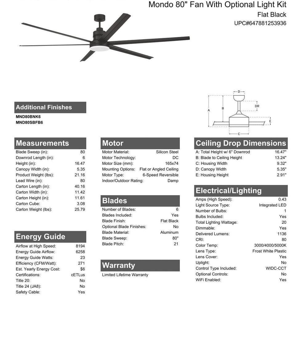 CRAFTMADE 80" Mondo Indoor/Outdoor in Flat Black w/ Flat Black Blades