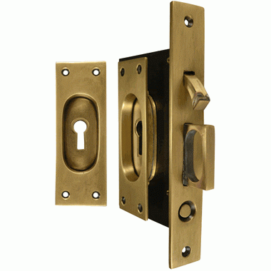 COPPER MOUNTAIN HARDWARE New Traditional Square Pattern Single Pocket Privacy (Lock) Style Door Set (Antique Brass)