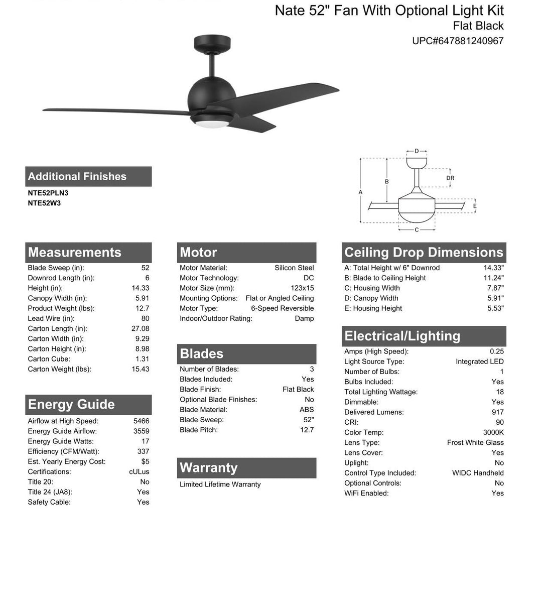 CRAFTMADE 52" Nate in Flat Black Finish, Flat Black Blades, Light kit included (Optional), WiFi Control