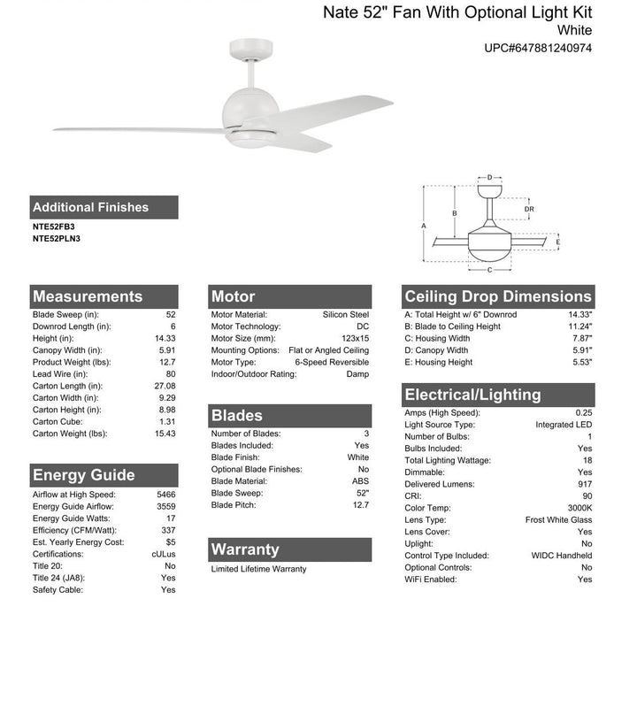 CRAFTMADE 52" Nate in White Finish, White Blades, Light kit included (Optional), WiFi Control