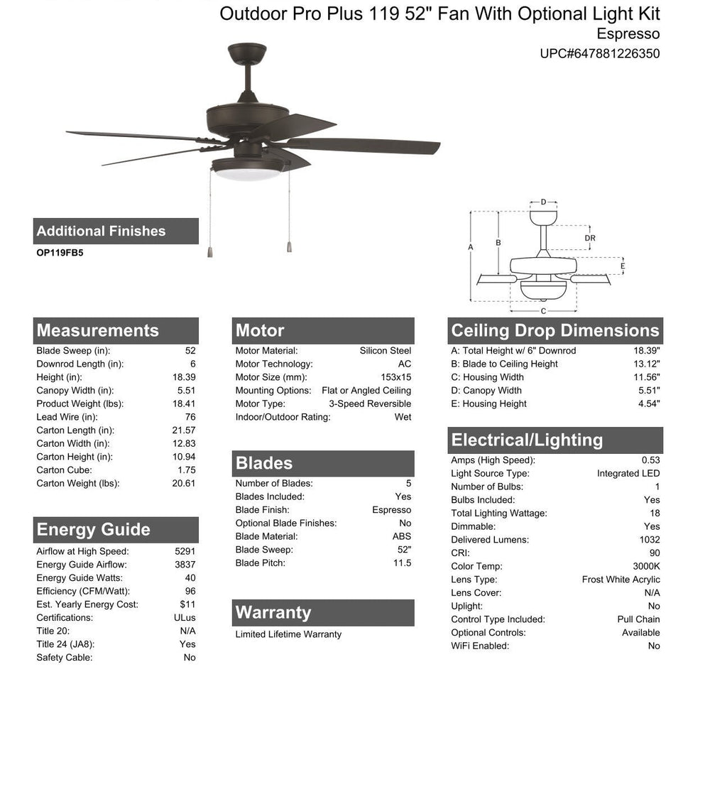 CRAFTMADE 52" Outdoor Pro Plus 119 in Espresso w/ Matte Espresso Blades