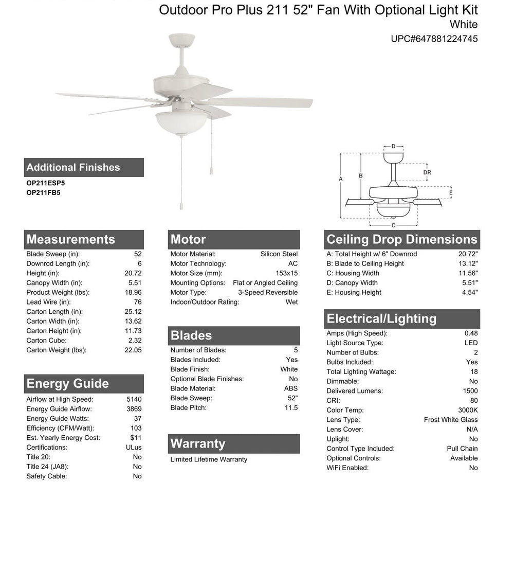 CRAFTMADE 52" Outdoor Pro Plus 211 in White w/ Matte White Blades