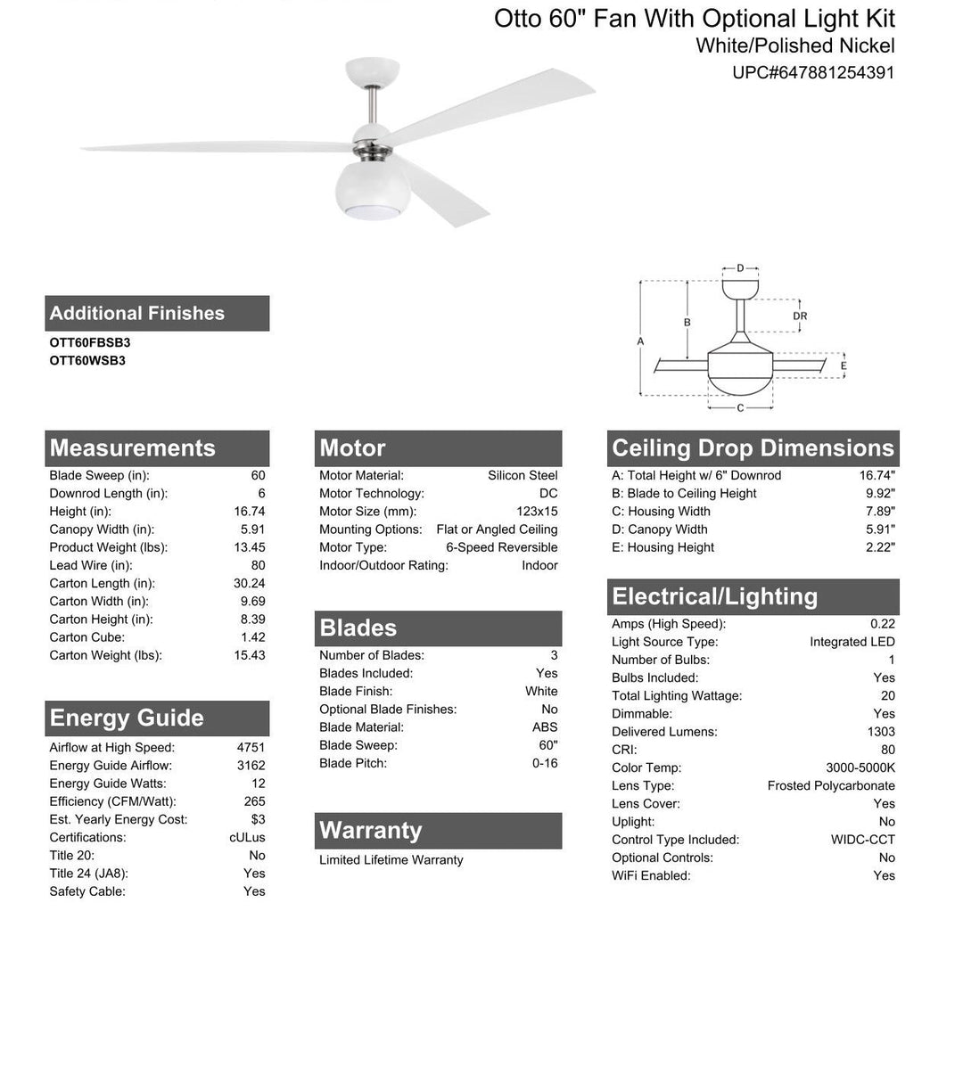 CRAFTMADE 60" Otto in White/Polished Nickel w/ White Blades