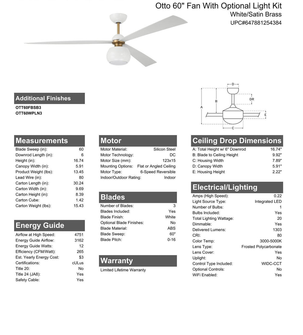 CRAFTMADE 60" Otto in White/Satin Brass w/ White Blades