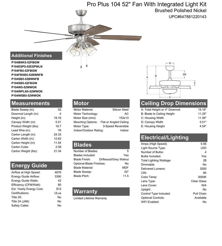 CRAFTMADE 52" Pro Plus 104 in Brushed Polished Nickel w/ Driftwood/Grey Walnut Blades