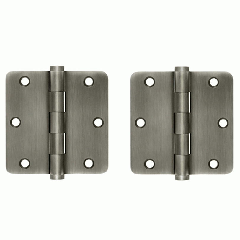 Pair 3 1/2 Inch X 3 1/2 Inch Solid Brass Hinge Interchangeable Finials (1/4 Radius Corner, Antique Nickel Finish) DELTANA