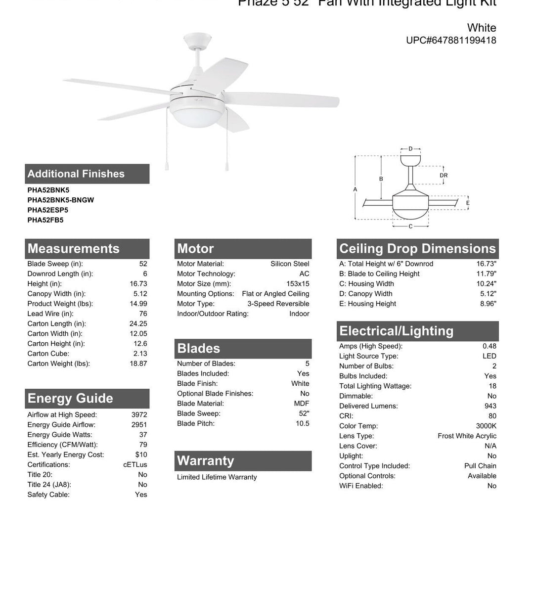 CRAFTMADE 52" Phaze 5 in White w/ White Blades