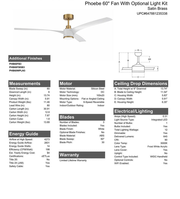 CRAFTMADE 60" Phoebe in Satin Brass w/ White Blades