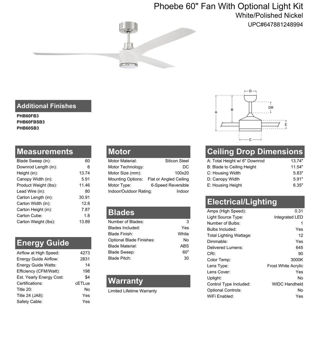 CRAFTMADE 60" Phoebe in White/Polished Nickel w/ White Blades