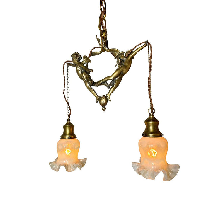 LUMEN ARIA 22 Inch Handmade Antique Cherub Two-Light Chandelier With Brass Chain