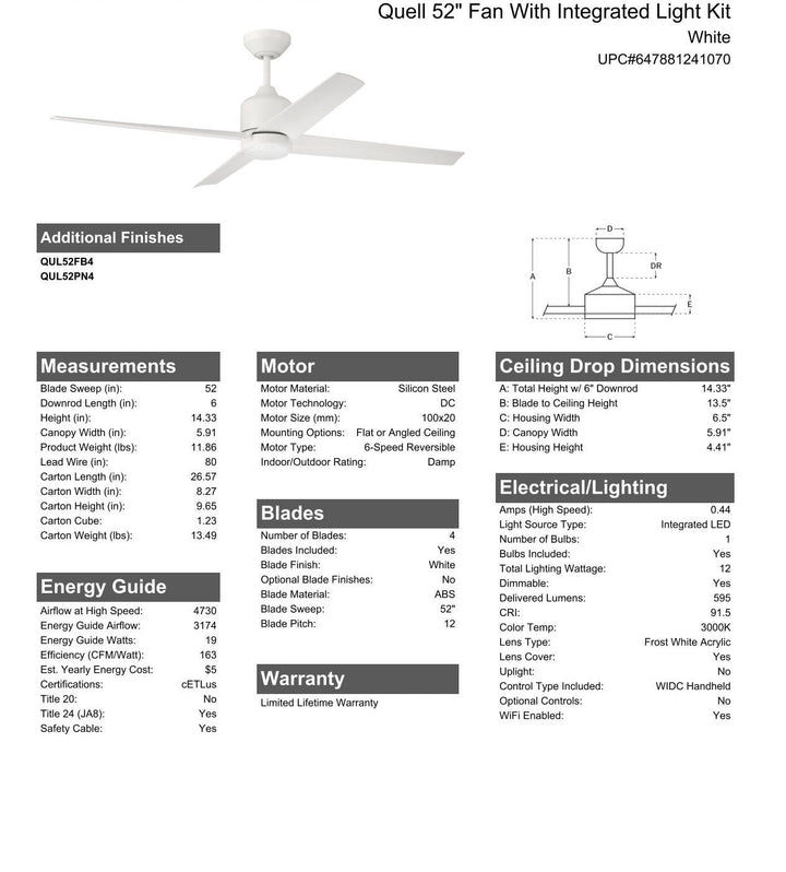 CRAFTMADE 52" Quell Fan, White Finish, White Blades. LED Light, WIFI and Control Included