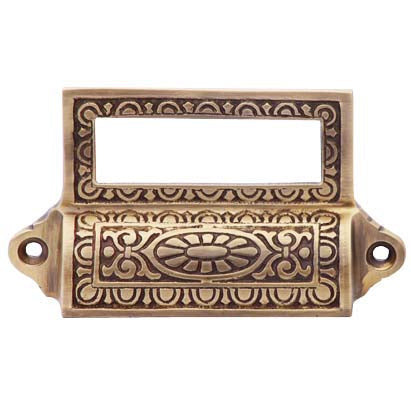 4 1/8 Inch Overall (3 1/2 Inch c-c) Solid Brass Victorian Label Style Bin Pull (Antique Brass Finish) COPPER MOUNTAIN HARDWARE