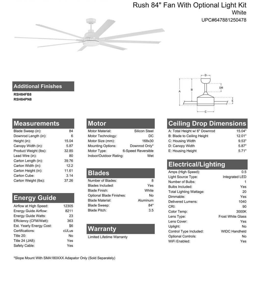 CRAFTMADE 84" Rush in White w/ White Blades